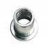 Crimp nut, flat cylindrical head, knurled M8, thickness to be crimped 0.5 to 3mm, white zinc-plated steel